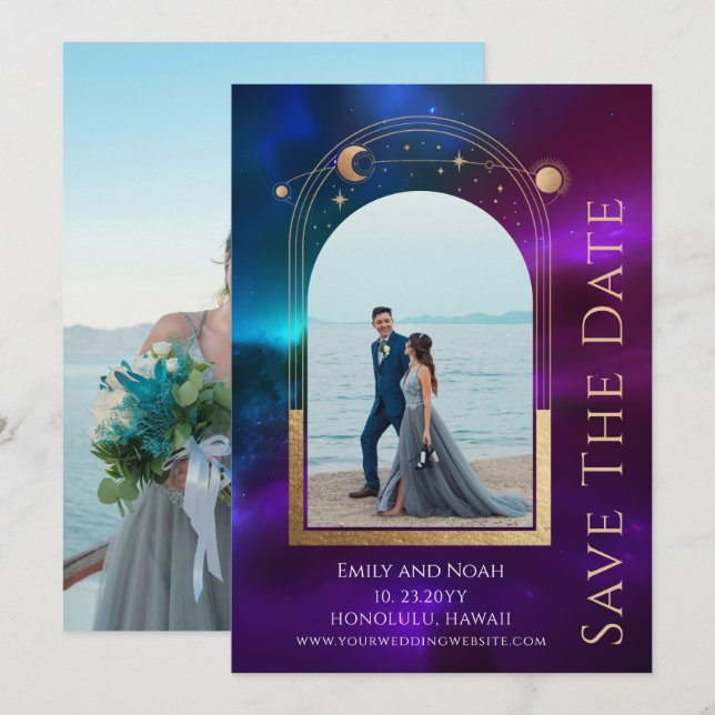 Cosmic Purple Teal Sun Moon Stars Space Save The Date (Front/Back)
