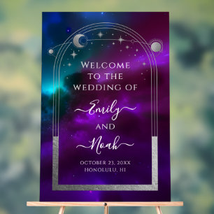 Cosmic Purple Teal Sun Moon Stars Welcome Sign