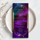 Cosmic Purple Teal Sun Moon Wedding Menu Cards<br><div class="desc">Cosmic Purple Teal Gold Sun Moon Stars Wedding Menu Cards features a gold sun, moon and stars on a celestial background with your menu details in the centre in modern gold calligraphy script. Personalize by editing the text in the text boxes provided. Designed for you by © Evco Studio www.zazzle.com/store/evcostudio...</div>