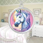 Cosmic Purple Unicorn  Silver Plated Necklace<br><div class="desc">A pretty unicorn with a purple mane with a rainbow cosmic background. Digitally created in a watercolor style. Perfect design for kids and adults on many trendy products! Customize your background colour or text!</div>