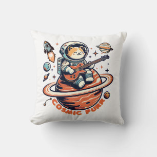 Cosmic Purr - Astro Guitarist Cat Throw Pillow