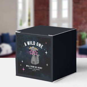 Cosmic Raccoon Wild One Pink Girl Baby Shower Favor Box