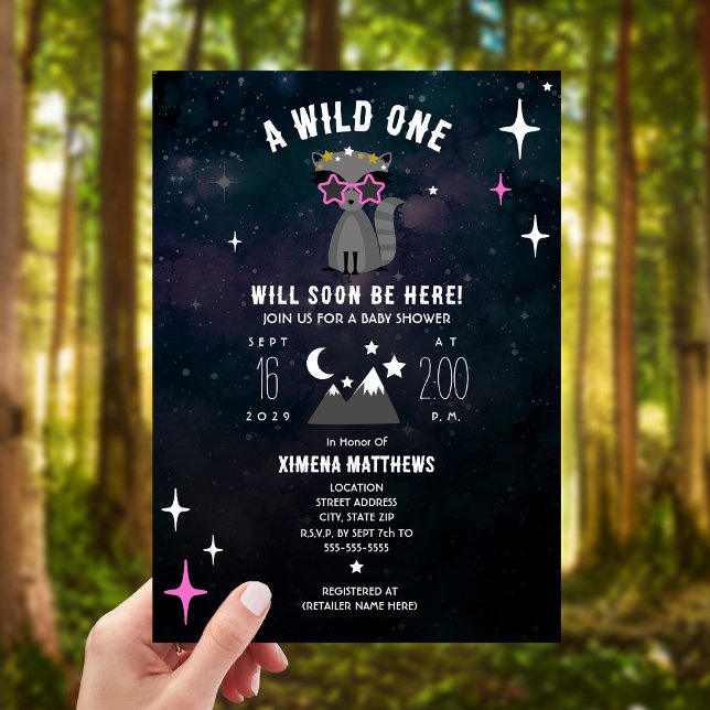 Cosmic Raccoon Wild One Pink Girl Baby Shower Invitation (Creator Uploaded)