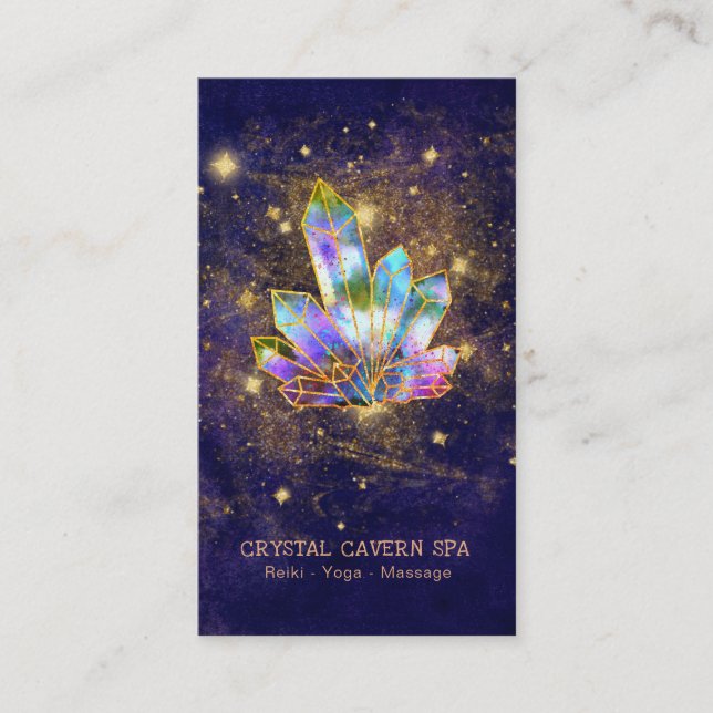 *~* Cosmic Rainbow Crystals Gold Glitter Stars Business Card (Front)
