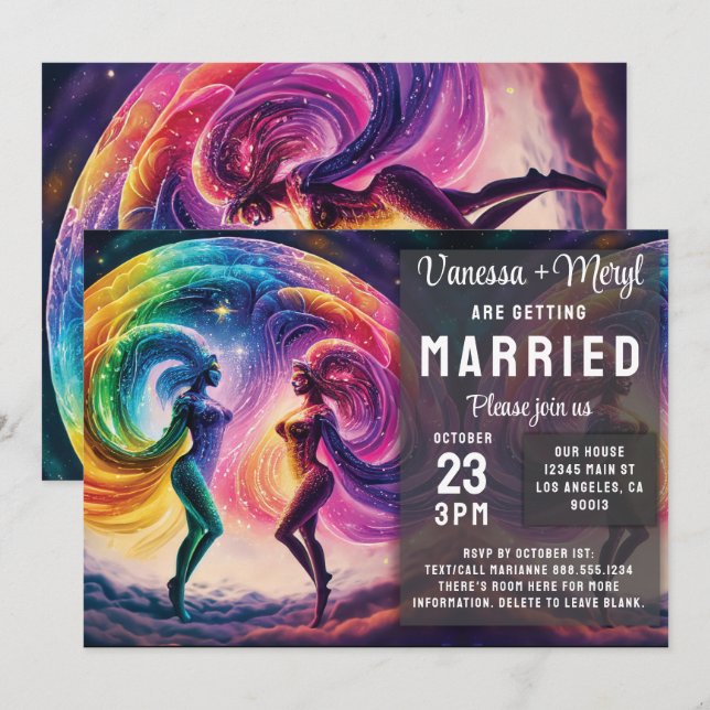 Cosmic Rainbow Feminine Energy Lesbian Wedding Invitation (Front/Back)