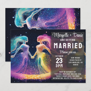 Cosmic Rainbow Lovers LGBTQIA Lesbian Wedding Invitation