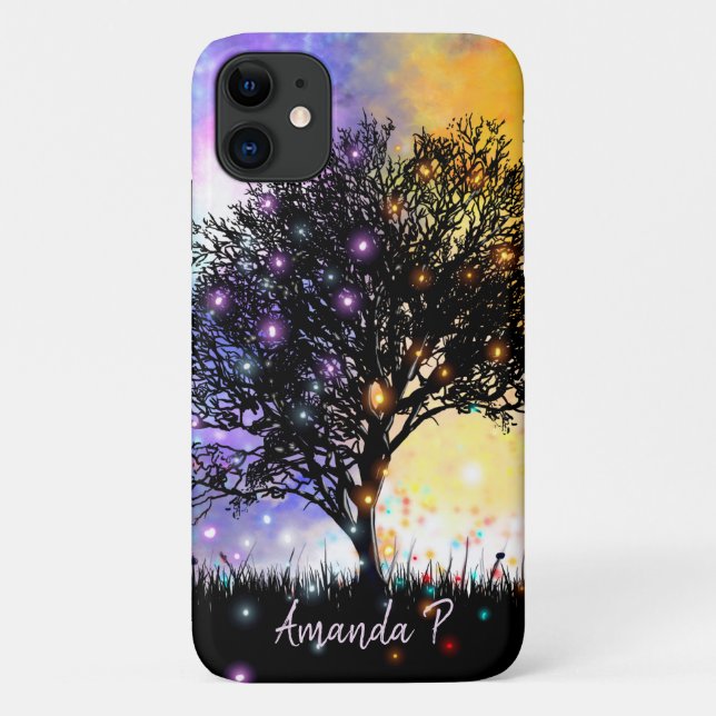 Cosmic rainbow sky with black silhouette tree Case-Mate iPhone case (Back)
