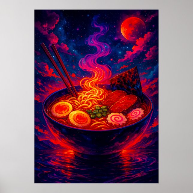 Cosmic Ramen Bowl under Red Moon Fantasy Poster (Front)