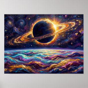 Cosmic Ringed Planet Painting Poster