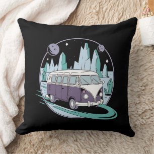 Cosmic Road Trip – Retro Van Under the Stars Throw Pillow
