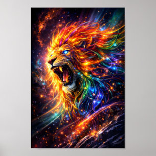 Cosmic Roaring Lion Space Art Neon Galaxy Animal Poster