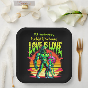 Cosmic Romance Between Alien Figures Paper Plate