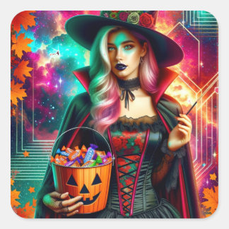 Cosmic Rose Witch Candy Bucket Square Sticker