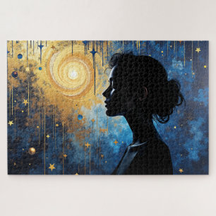 Cosmic Silhouette – Woman in Golden Swirl Galaxy Jigsaw Puzzle