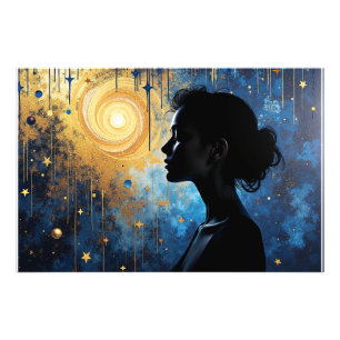 Cosmic Silhouette – Woman in Golden Swirl Galaxy Photo Print