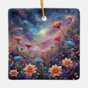Cosmic sky with fantasy flowers ceramic ornament