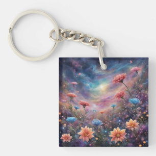 Cosmic sky with fantasy flowers keychain