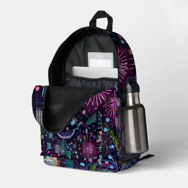 Cosmic Snow Storm: Abstract Maximalism Art Printed Backpack (Back Corner Right (Open))