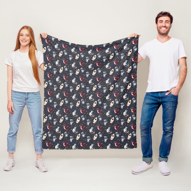 Cosmic space man fox cat stars pattern fleece blanket (In Situ)