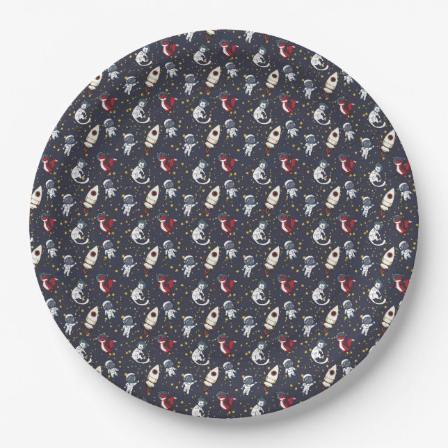 Cosmic space man fox cat stars pattern paper plate (Front)