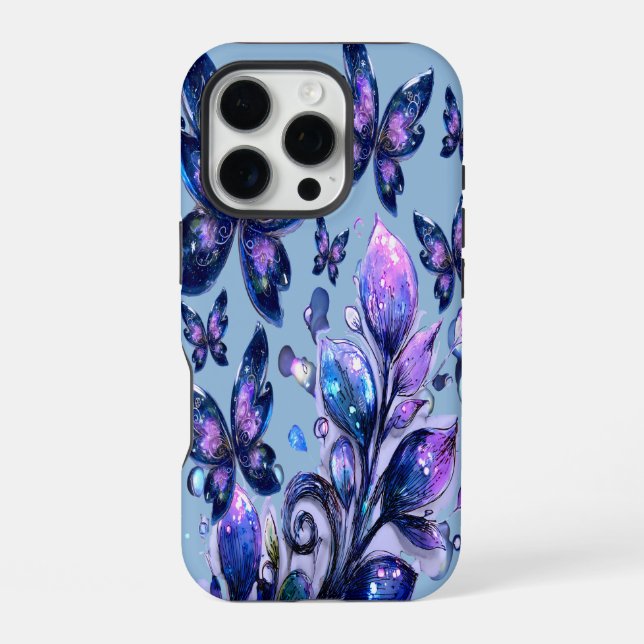 Cosmic Sparkle Butterflies Blue iPhone Case (Back)