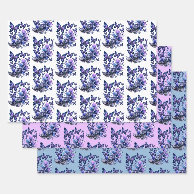 Cosmic Sparkle Butterflies Pattern Wrapping Paper Sheet (Set)