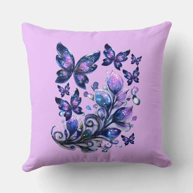 Cosmic Sparkle Butterflies Pink Throw Pillow (Back)