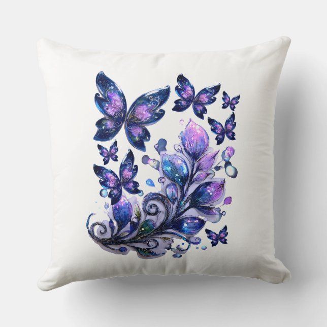 Cosmic Sparkle Butterflies White   Throw Pillow (Back)