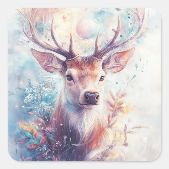 Cosmic Stag Surrounded by Heavenly Leaves Square Sticker (Front)