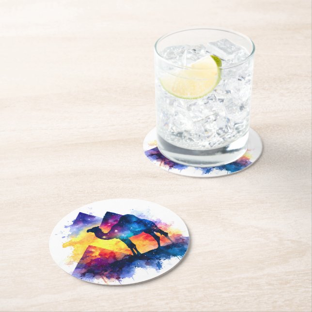 Cosmic Starry Night Egyptian Camel Landscape Round Paper Coaster (Insitu)