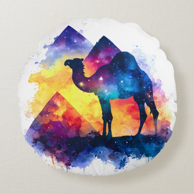 Cosmic Starry Night Egyptian Camel Landscape Round Pillow (Front)