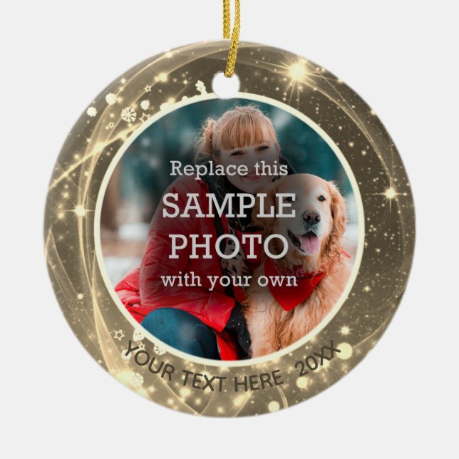 Cosmic Stars Gold Two Photo Ceramic Ornament (Front)
