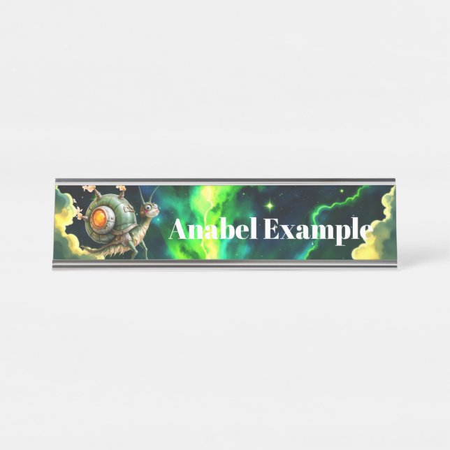 Cosmic Steampunk Snailbird – Neon Dream Creature.  Desk Name Plate (Front)