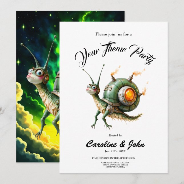 Cosmic Steampunk Snailbird – Neon Dream Creature.  Invitation (Front/Back)