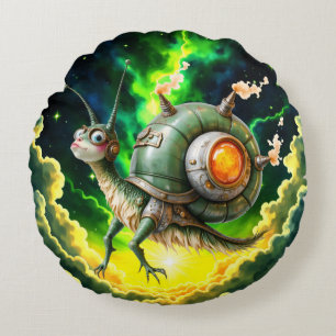 Cosmic Steampunk Snailbird – Neon Dream Creature.  Round Pillow