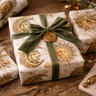 Cosmic Sun and Moon Gold Wrapping Paper