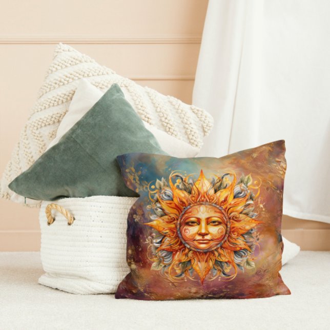 Cosmic Sun Face Digital Art Throw Pillow (Creator Uploaded)