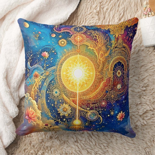 Cosmic Sun Mandala Art Throw Pillow (Blanket)