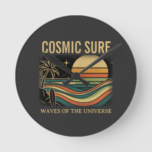 Cosmic Surf Retro Wave • Vintage Sunset Surfing Round Clock