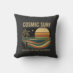 Cosmic Surf Retro Wave • Vintage Sunset Surfing Throw Pillow