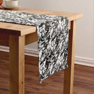 "Cosmic Swirl: The Black and White Marble Elegance Short Table Runner
