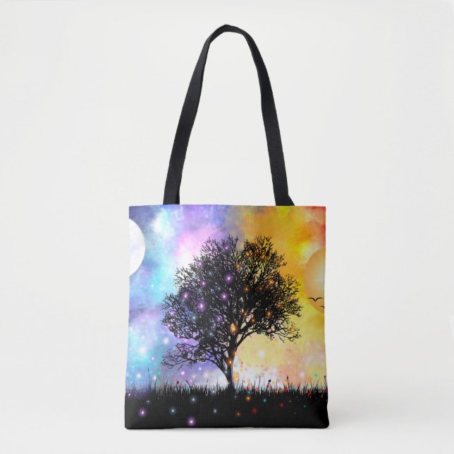 Cosmic swirling clouds with sun moon and tree tote bag (Front)