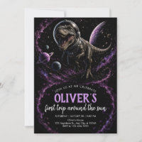 Cosmic T-Rex First Birthday Party Invitation