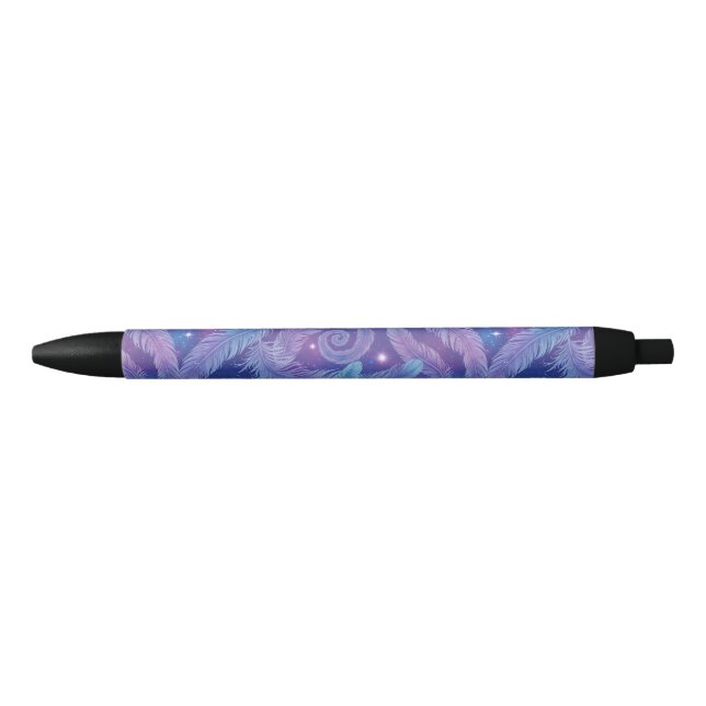 Cosmic Teal-Purple Feather Swirl Pattern Black Ink Pen (Front)