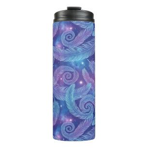 Cosmic Teal-Purple Feather Swirl Pattern Thermal Tumbler
