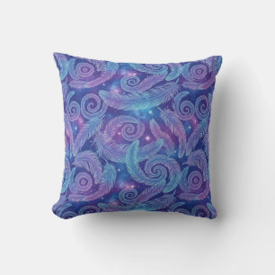 Cosmic Teal-Purple Feather Swirl Pattern Throw Pillow