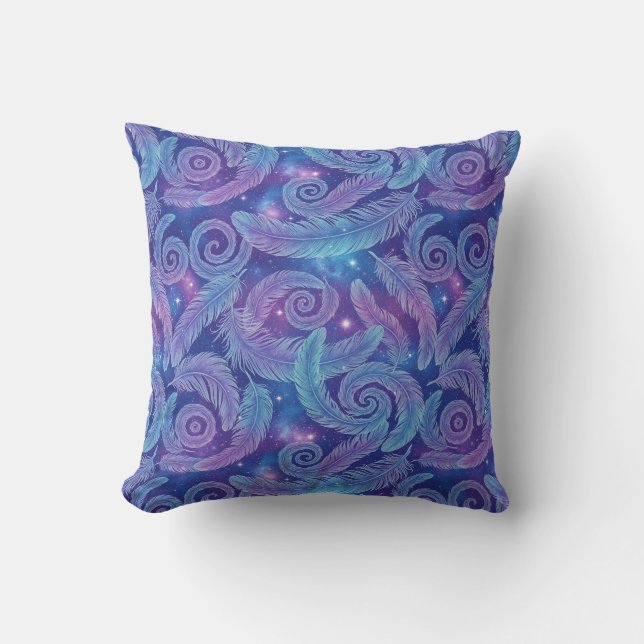 Cosmic Teal-Purple Feather Swirl Pattern Throw Pillow (Front)