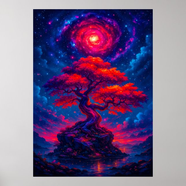 Cosmic Tree of Life under Galaxy Sky Fantasy Poster (Front)