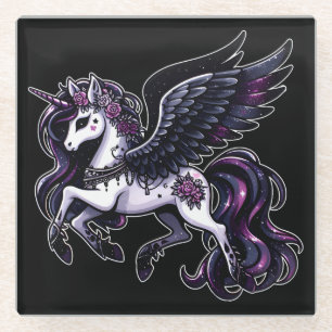 Cosmic unicorn glitter dark pegasus glass coaster