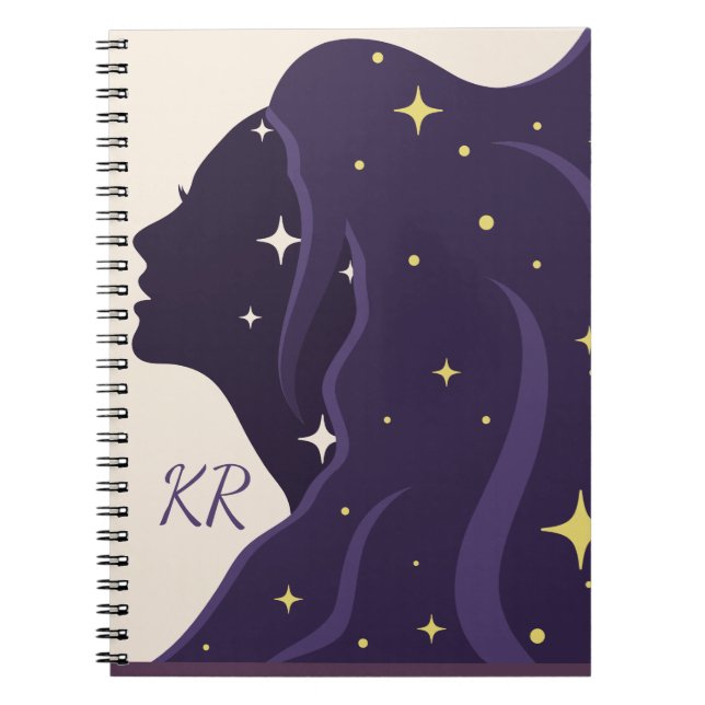 Cosmic Universe Lady Purple Gold Stars Personalize Notebook (Front)